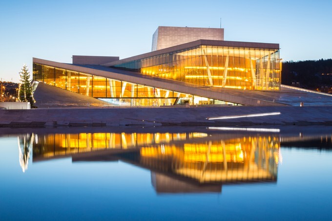 National Oslo Opera House shines at sunrise, Norway